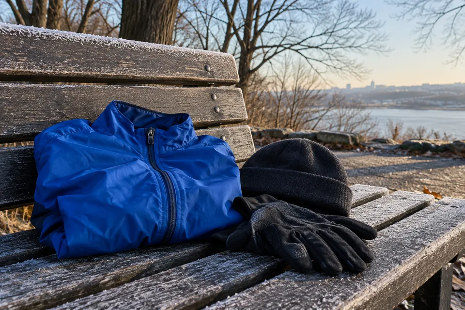 A running jacket, gloves and beanie on a frosty park bench